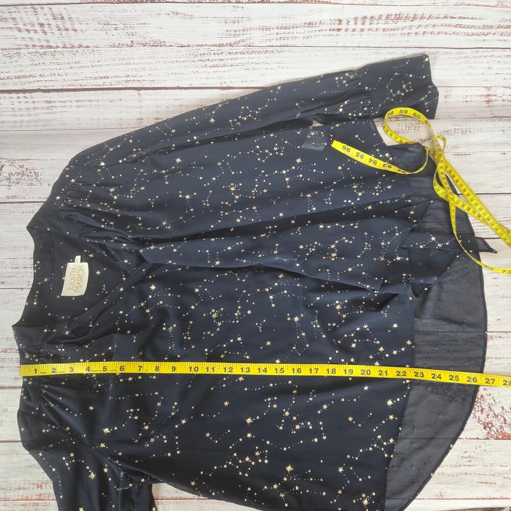 Judith March Navy Blue Gold Star Blouse M Tie Sash Puff Sleeve Flare French Cuff - Picture 10 of 12